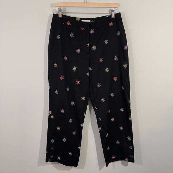 Vtg David Brooks Black Multicolor Embroidered Flowers Straight Leg Pants Size 10 - Picture 1 of 5